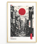Load image into Gallery viewer, Japanske plakater | Stylized black and gray illustration of a Tokyo street with buildings, power lines, and Japanese signs, featuring a large red sun in the sky.
