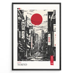 Load image into Gallery viewer, Japanske plakater | Stylized black and gray illustration of a Tokyo street with buildings, power lines, and Japanese signs, featuring a large red sun in the sky.
