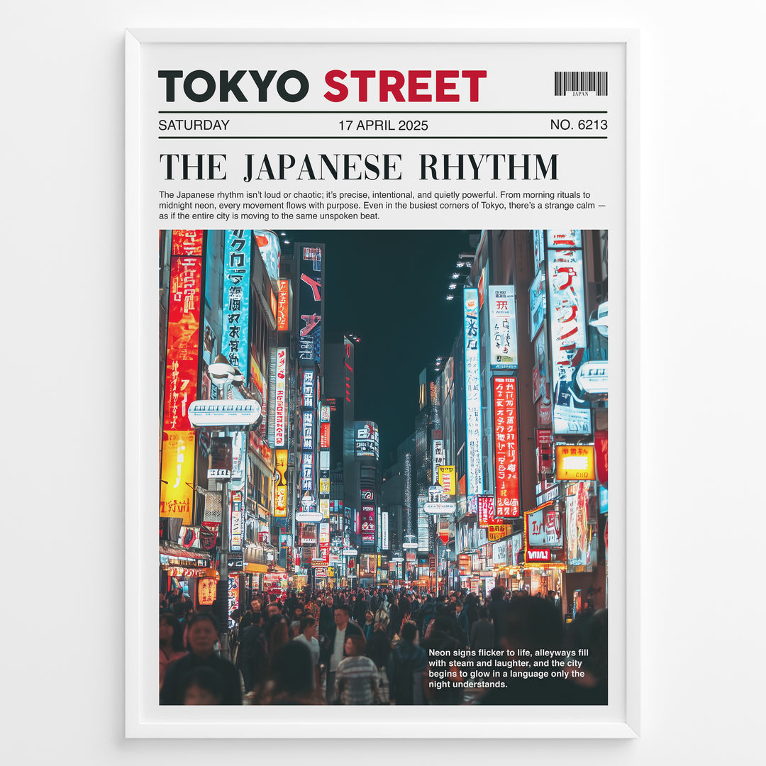Japanske plakater | Poster styled like a newspaper cover showing a crowded Tokyo street at night, with glowing neon signs in Japanese and a headline reading "The Japanese Rhythm."