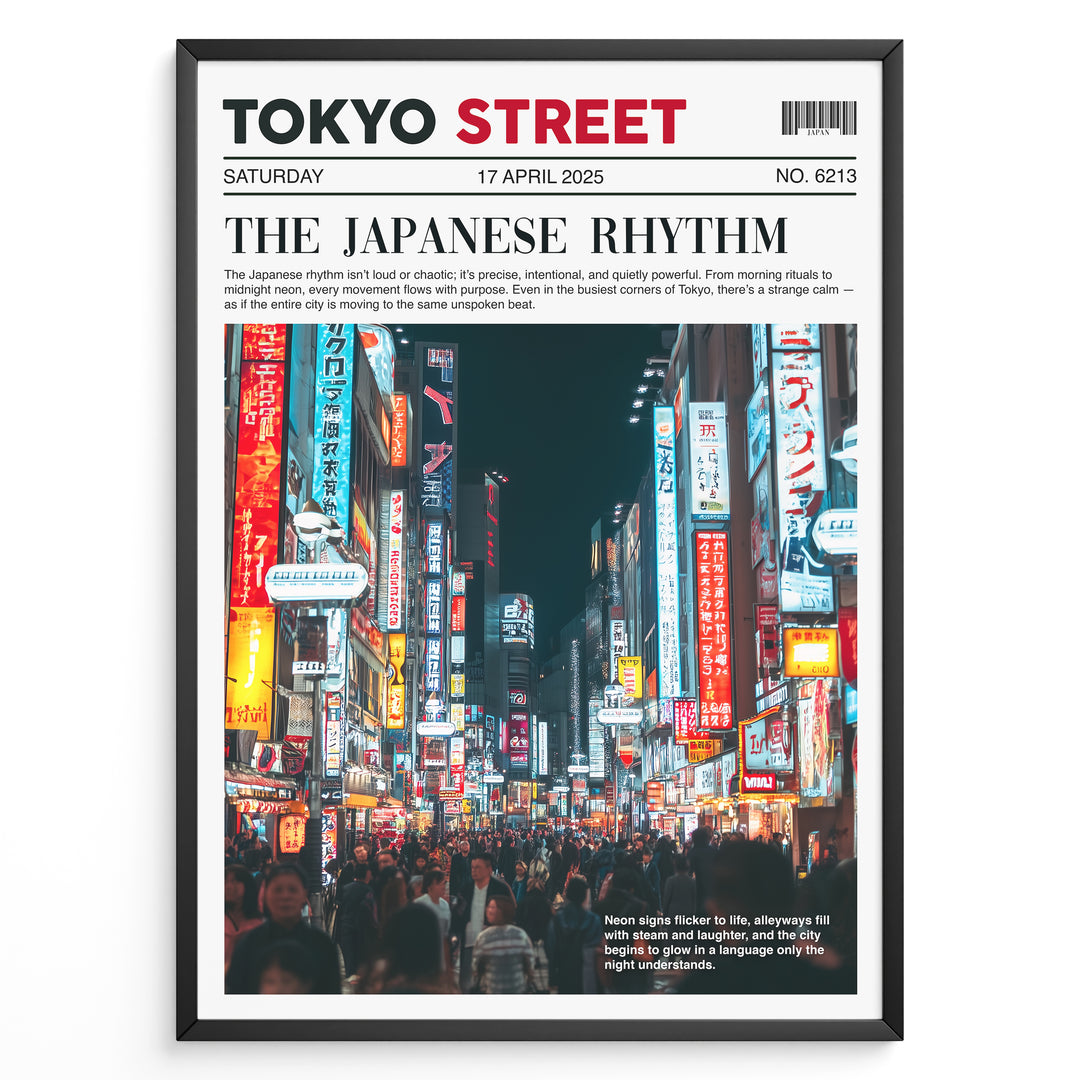 Japanske plakater | Poster styled like a newspaper cover showing a crowded Tokyo street at night, with glowing neon signs in Japanese and a headline reading "The Japanese Rhythm."