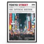 Load image into Gallery viewer, Japanske plakater | Poster styled like a newspaper cover showing a crowded Tokyo street at night, with glowing neon signs in Japanese and a headline reading &quot;The Japanese Rhythm.&quot;
