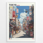 Load image into Gallery viewer, Japanske plakater | Retro-style poster of a colorful Tokyo street scene from 1988, showing restaurants, shop signs, and power lines under a blue sky with clouds.
