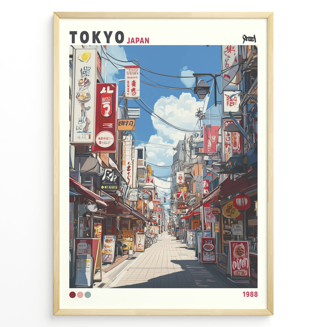 Japanske plakater | Retro-style poster of a colorful Tokyo street scene from 1988, showing restaurants, shop signs, and power lines under a blue sky with clouds.