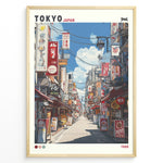 Load image into Gallery viewer, Japanske plakater | Retro-style poster of a colorful Tokyo street scene from 1988, showing restaurants, shop signs, and power lines under a blue sky with clouds.
