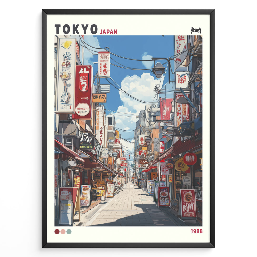 Japanske plakater | Retro-style poster of a colorful Tokyo street scene from 1988, showing restaurants, shop signs, and power lines under a blue sky with clouds.