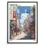 Load image into Gallery viewer, Japanske plakater | Retro-style poster of a colorful Tokyo street scene from 1988, showing restaurants, shop signs, and power lines under a blue sky with clouds.
