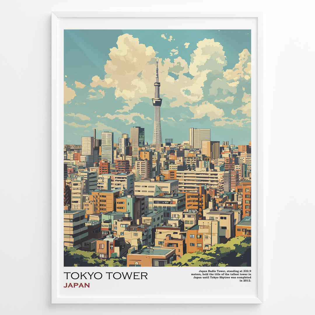 Japanske plakater | Illustrated poster of Tokyo's skyline with Tokyo Skytree in the background, framed artwork titled "Tokyo Tower Japan" featuring colorful buildings under a partly cloudy sky.