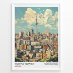 Load image into Gallery viewer, Japanske plakater | Illustrated poster of Tokyo&#39;s skyline with Tokyo Skytree in the background, framed artwork titled &quot;Tokyo Tower Japan&quot; featuring colorful buildings under a partly cloudy sky.
