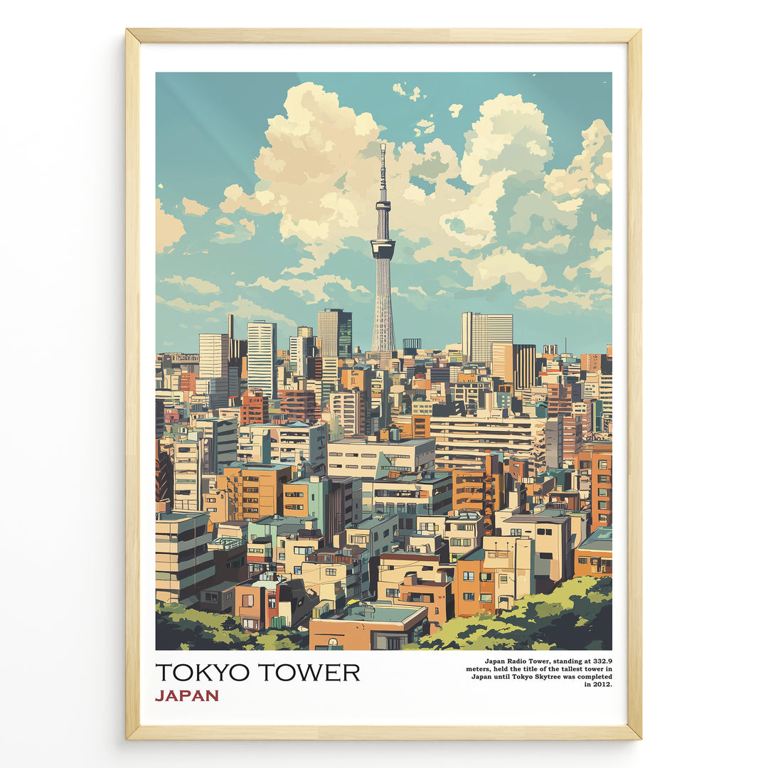 Japanske plakater | Illustrated poster of Tokyo's skyline with Tokyo Skytree in the background, framed artwork titled "Tokyo Tower Japan" featuring colorful buildings under a partly cloudy sky.