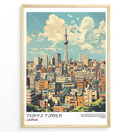 Load image into Gallery viewer, Japanske plakater | Illustrated poster of Tokyo&#39;s skyline with Tokyo Skytree in the background, framed artwork titled &quot;Tokyo Tower Japan&quot; featuring colorful buildings under a partly cloudy sky.

