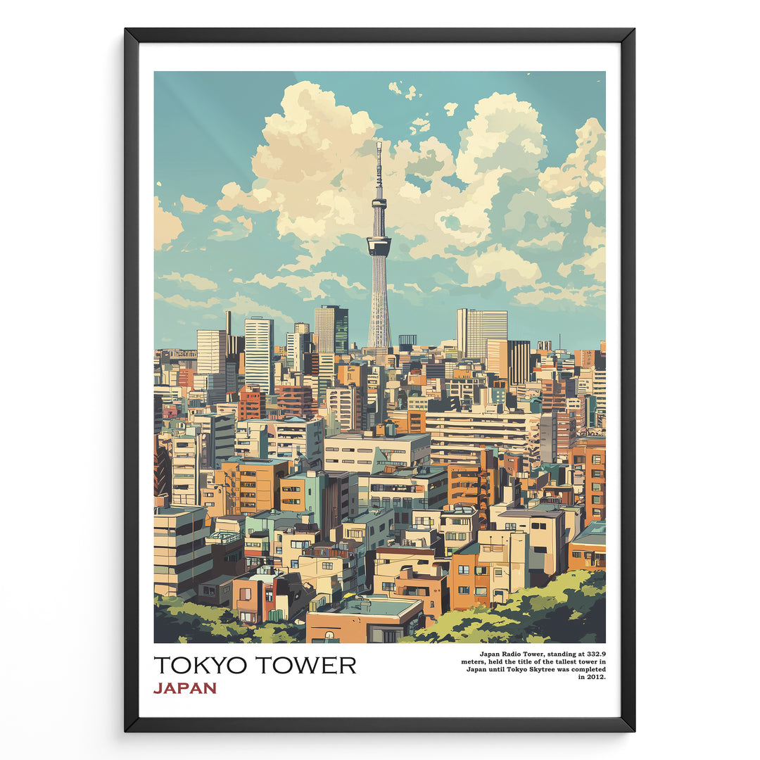 Japanske plakater | Illustrated poster of Tokyo's skyline with Tokyo Skytree in the background, framed artwork titled "Tokyo Tower Japan" featuring colorful buildings under a partly cloudy sky.