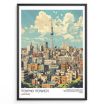 Load image into Gallery viewer, Japanske plakater | Illustrated poster of Tokyo&#39;s skyline with Tokyo Skytree in the background, framed artwork titled &quot;Tokyo Tower Japan&quot; featuring colorful buildings under a partly cloudy sky.
