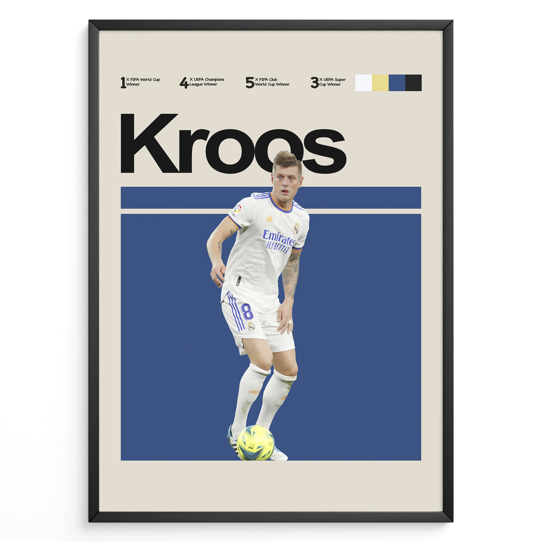 Toni Kroos fodbold plakater | Real Madrid-stjerne i hvid hjemmebanetrøje, klar til at aflevere bolden. Minimalistisk design.