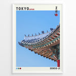 Load image into Gallery viewer, Japanske plakater | Close-up of the colorful and ornate roof of Senso-ji temple in Tokyo, Japan, with traditional Japanese roof tiles and blue sky background.
