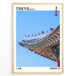 Load image into Gallery viewer, Japanske plakater | Close-up of the colorful and ornate roof of Senso-ji temple in Tokyo, Japan, with traditional Japanese roof tiles and blue sky background.
