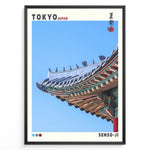 Load image into Gallery viewer, Japanske plakater | Close-up of the colorful and ornate roof of Senso-ji temple in Tokyo, Japan, with traditional Japanese roof tiles and blue sky background.
