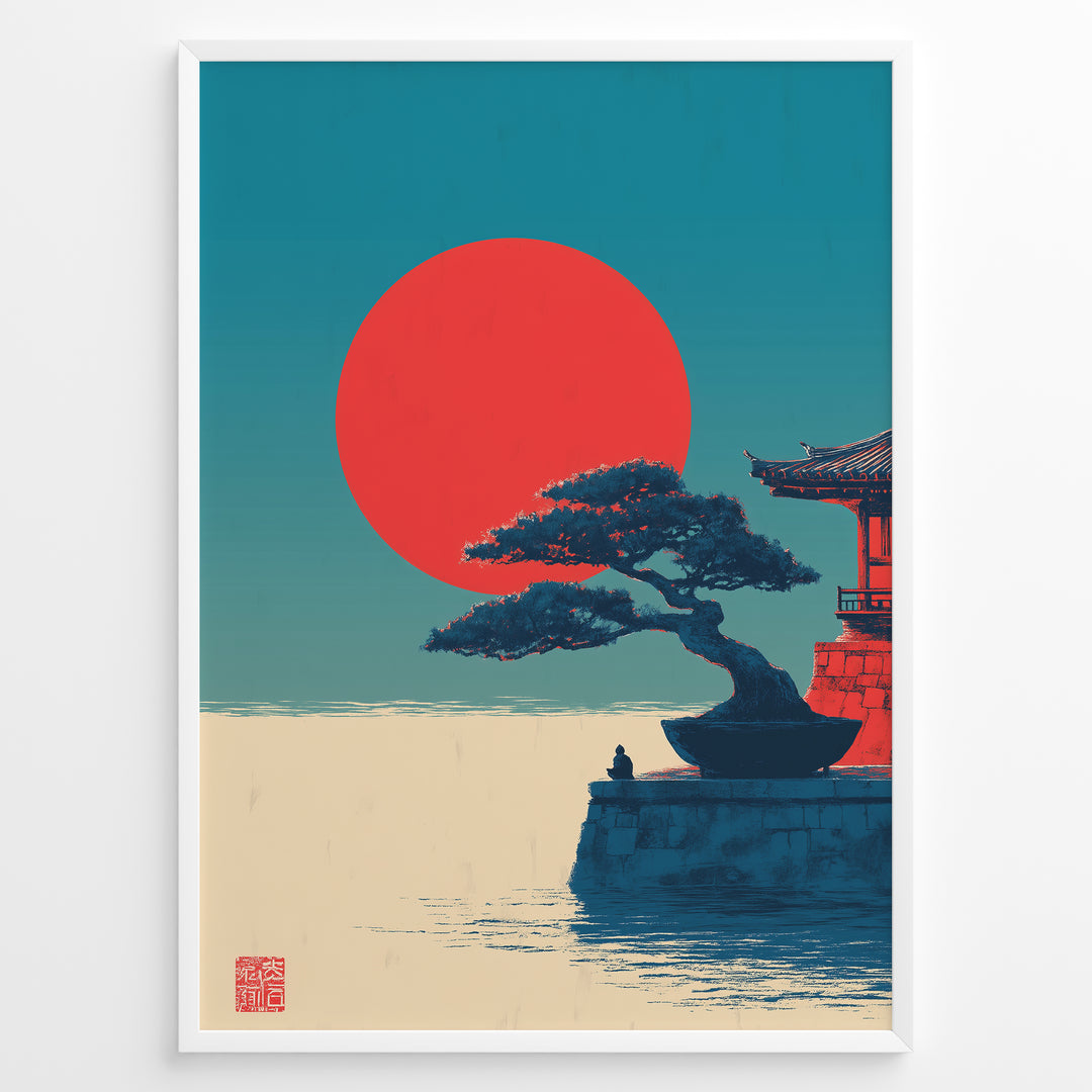 Japanske plakater | Poster of a Japanese temple with a bonsai tree and a person sitting near the water, with a large red sun setting against a blue-green sky.