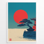 Load image into Gallery viewer, Japanske plakater | Poster of a Japanese temple with a bonsai tree and a person sitting near the water, with a large red sun setting against a blue-green sky.
