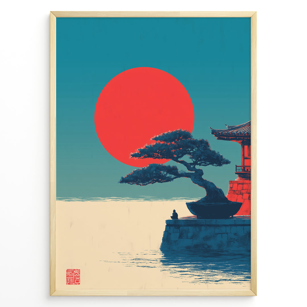 Japanske plakater | Poster of a Japanese temple with a bonsai tree and a person sitting near the water, with a large red sun setting against a blue-green sky.