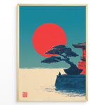 Load image into Gallery viewer, Japanske plakater | Poster of a Japanese temple with a bonsai tree and a person sitting near the water, with a large red sun setting against a blue-green sky.
