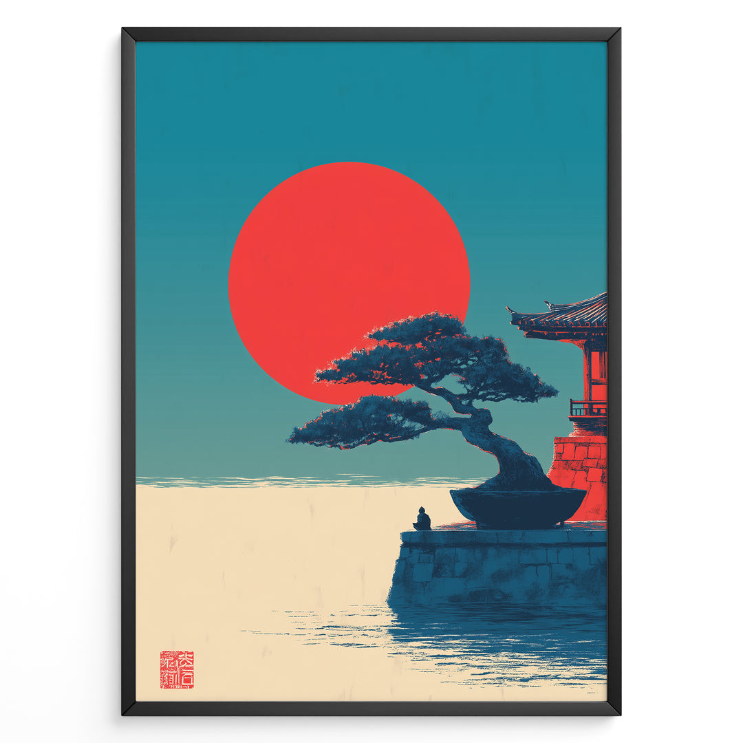 Japanske plakater | Poster of a Japanese temple with a bonsai tree and a person sitting near the water, with a large red sun setting against a blue-green sky.