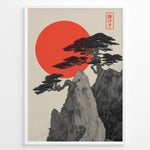 Load image into Gallery viewer, Japanske plakater | Minimalist Japanese-style artwork featuring detailed black trees on rocky cliffs with a large red sun in the background and a red kanji stamp symbolizing tranquility.
