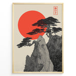 Load image into Gallery viewer, Japanske plakater | Minimalist Japanese-style artwork featuring detailed black trees on rocky cliffs with a large red sun in the background and a red kanji stamp symbolizing tranquility.
