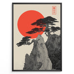 Load image into Gallery viewer, Japanske plakater | Minimalist Japanese-style artwork featuring detailed black trees on rocky cliffs with a large red sun in the background and a red kanji stamp symbolizing tranquility.
