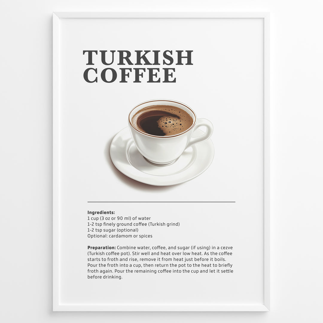 Minimalist illustration of traditional Turkish coffee served in a white cup with a saucer.