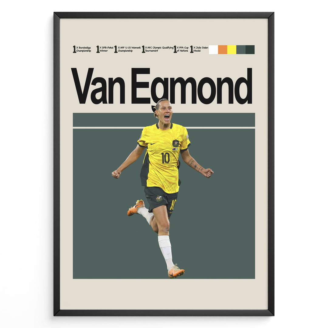Emily van Egmond Kvinde fodbold plakater | Australien landsholdstrøje i gul og grøn med jubelpose – perfekt til fans af kvindefodbold og Matildas
