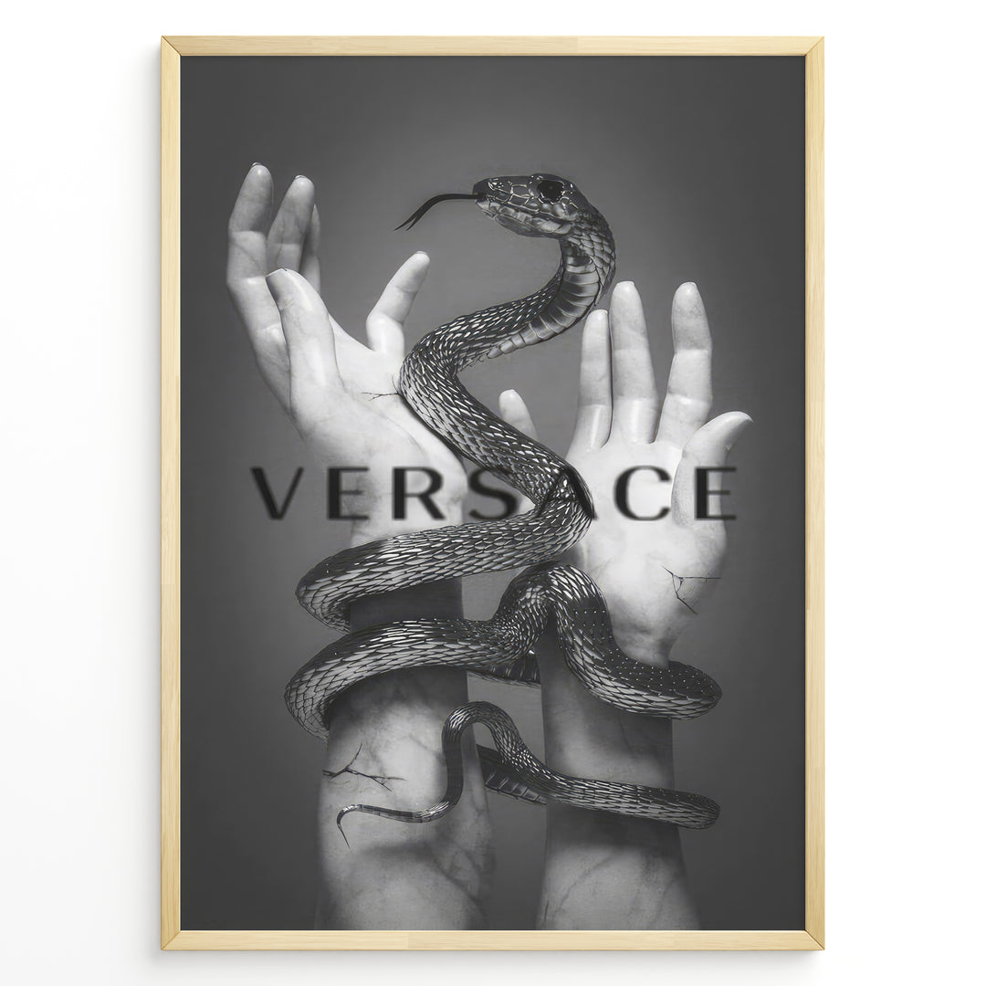 Fashion Plakat | Versace-Inspired Art Featuring Serpent and Marble Hands Plakaty.dk | Black-and-white image of a snake wrapped around two upward-reaching marble-textured hands, with the word "VERSACE" overlaid in bold, semi-blurred text.
