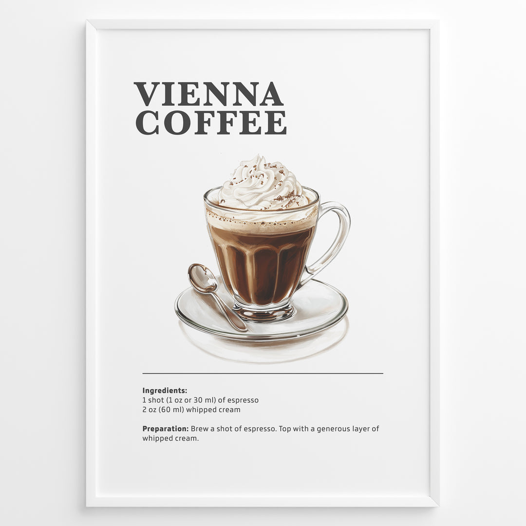 Illustration of a Vienna coffee in a glass cup topped with whipped cream on a saucer.