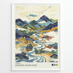 Load image into Gallery viewer, Japanske plakater | Stylized illustration of Japanese grasslands featuring a winding river, rolling hills, distant mountains, and rural scenery in traditional Japanese art style with earthy tones.
