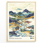 Load image into Gallery viewer, Japanske plakater | Stylized illustration of Japanese grasslands featuring a winding river, rolling hills, distant mountains, and rural scenery in traditional Japanese art style with earthy tones.
