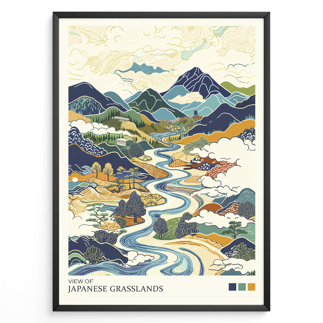 Japanske plakater | Stylized illustration of Japanese grasslands featuring a winding river, rolling hills, distant mountains, and rural scenery in traditional Japanese art style with earthy tones.
