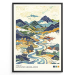 Load image into Gallery viewer, Japanske plakater | Stylized illustration of Japanese grasslands featuring a winding river, rolling hills, distant mountains, and rural scenery in traditional Japanese art style with earthy tones.
