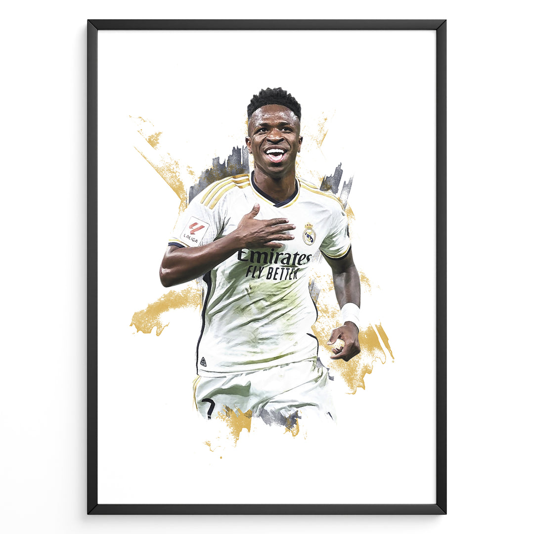 Framed watercolor-style plakat of Vinícius Jr. celebrating in a Real Madrid jersey with a gold artistic background