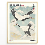 Load image into Gallery viewer, Japanske plakater | Vintage-style Japanese poster featuring two red-crowned cranes flying in a cloudy sky, with the text &quot;Hokkaido Japan&quot; and traditional Japanese characters referencing a summer festival.
