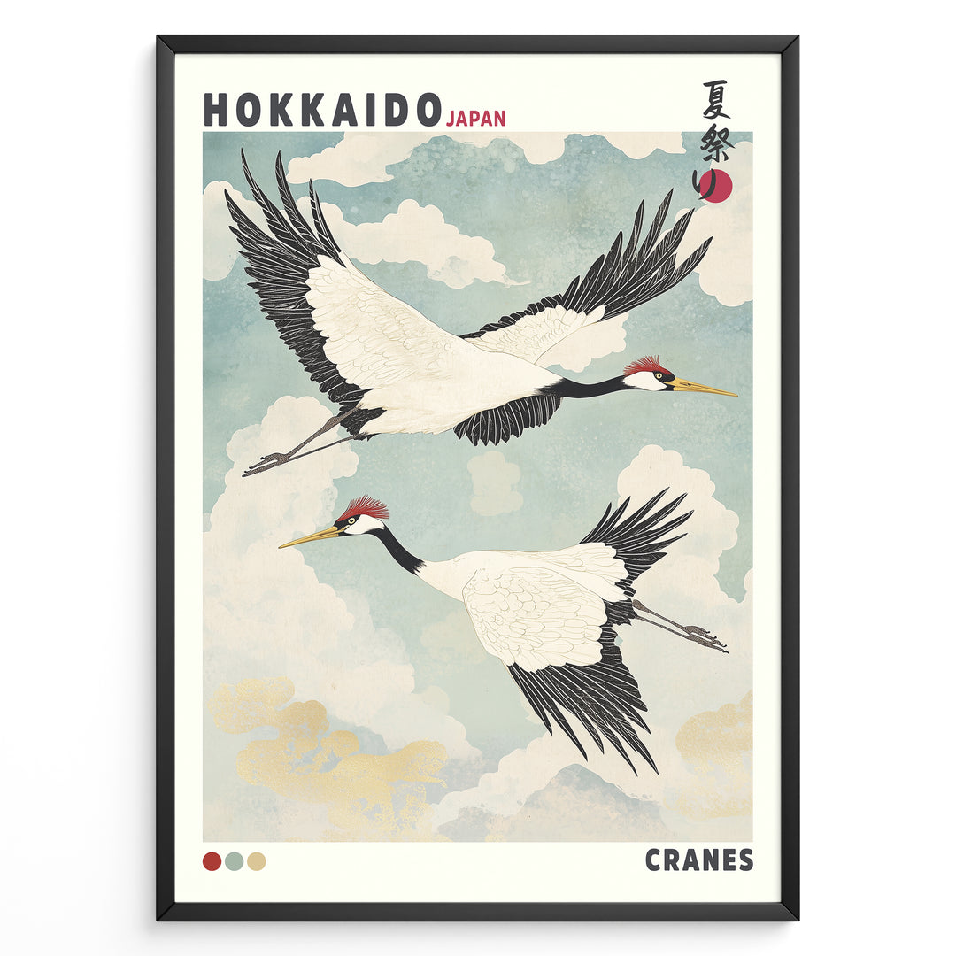 Japanske plakater | Vintage-style Japanese poster featuring two red-crowned cranes flying in a cloudy sky, with the text "Hokkaido Japan" and traditional Japanese characters referencing a summer festival.