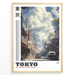 Load image into Gallery viewer, Japanske plakater | Vintage-style poster of a 1944 Tokyo street with retro cars, traditional Japanese buildings, and power lines under a sky filled with large clouds.
