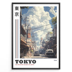 Load image into Gallery viewer, Japanske plakater | Vintage-style poster of a 1944 Tokyo street with retro cars, traditional Japanese buildings, and power lines under a sky filled with large clouds.
