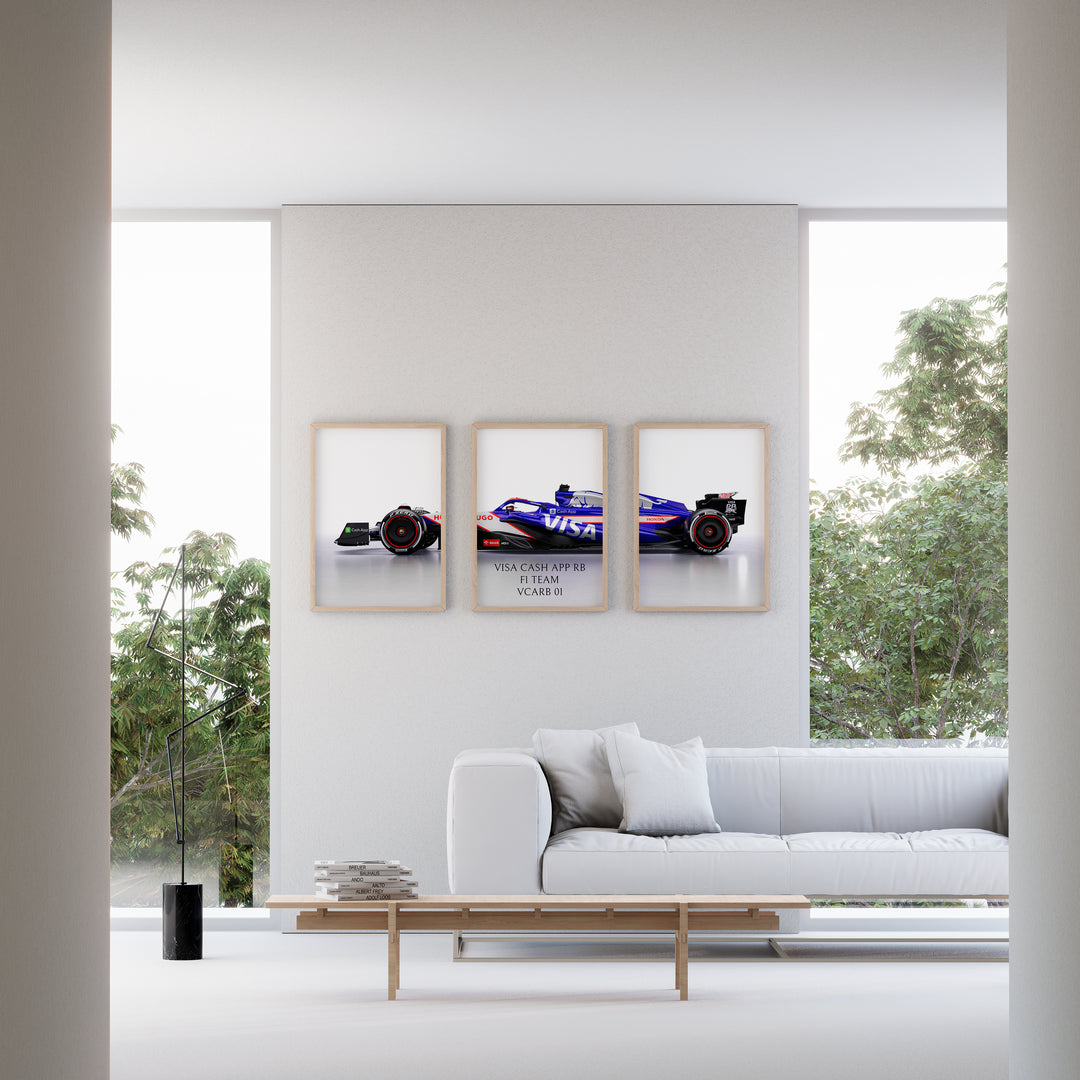 Triptych wall art plakat of the Visa Cash App RB F1 Team VCARB 01 Formula 1 car displayed in a stylish living room with black leather furniture and modern décor.