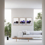 Load image into Gallery viewer, Triptych wall art plakat of the Visa Cash App RB F1 Team VCARB 01 Formula 1 car displayed in a stylish living room with black leather furniture and modern décor.
