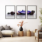 Load image into Gallery viewer, Triptych wall art plakat of the Visa Cash App RB F1 Team VCARB 01 Formula 1 car displayed in a stylish living room with black leather furniture and modern décor.
