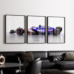 Load image into Gallery viewer, Triptych wall art plakat of the Visa Cash App RB F1 Team VCARB 01 Formula 1 car displayed in a stylish living room with black leather furniture and modern décor.
