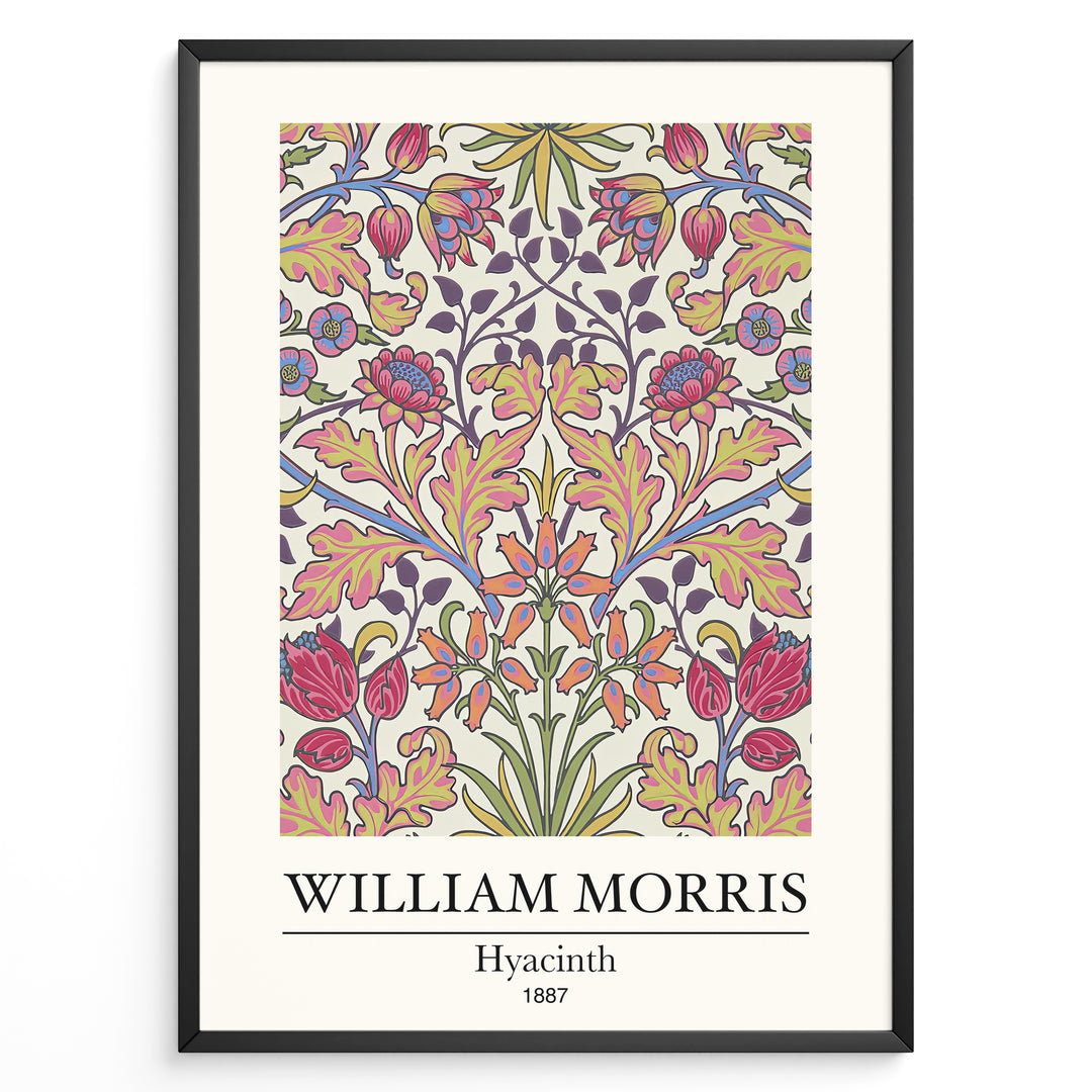 Framed William Morris Hyacinth 1887 floral art print plakat with colorful symmetrical flower and leaf design on a light background.