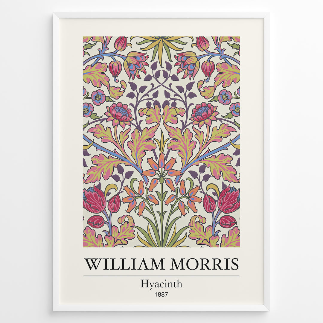 Framed William Morris Hyacinth 1887 floral art print plakat with colorful symmetrical flower and leaf design on a light background.