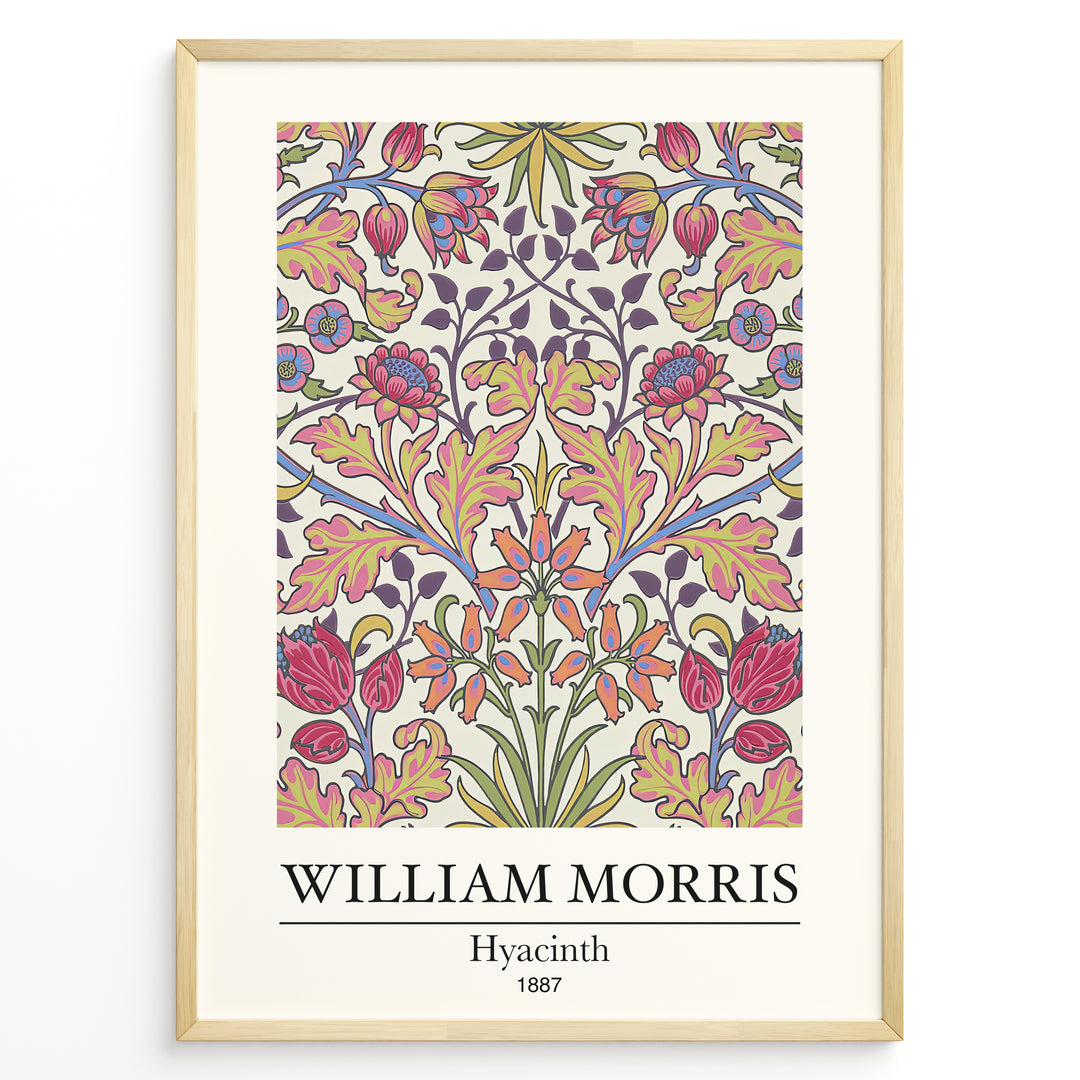 Framed William Morris Hyacinth 1887 floral art print plakat with colorful symmetrical flower and leaf design on a light background.
