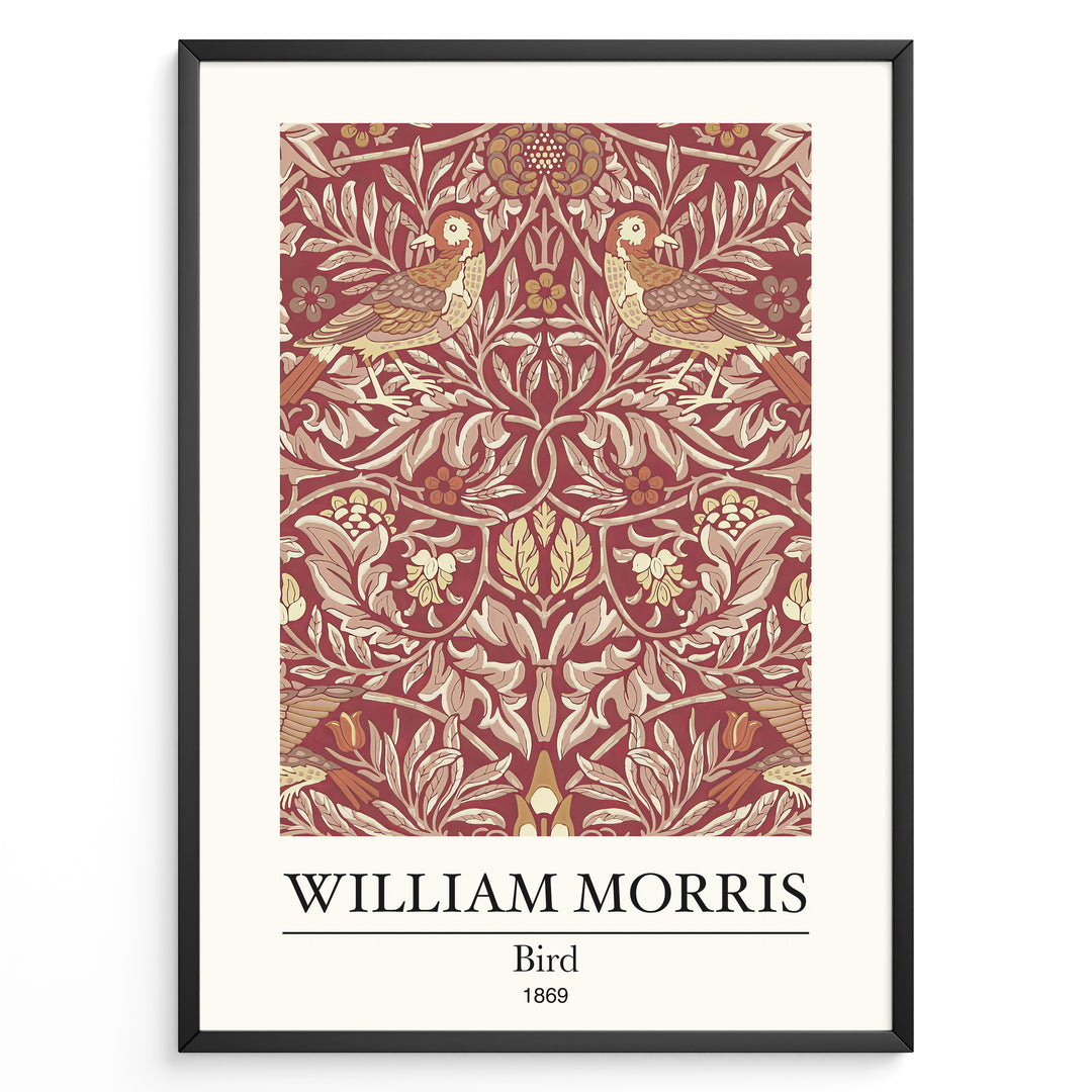 Framed William Morris Bird 1869 art print plakat showing two birds among detailed floral and leaf patterns on a red background.