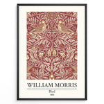 Load image into Gallery viewer, Framed William Morris Bird 1869 art print plakat showing two birds among detailed floral and leaf patterns on a red background.
